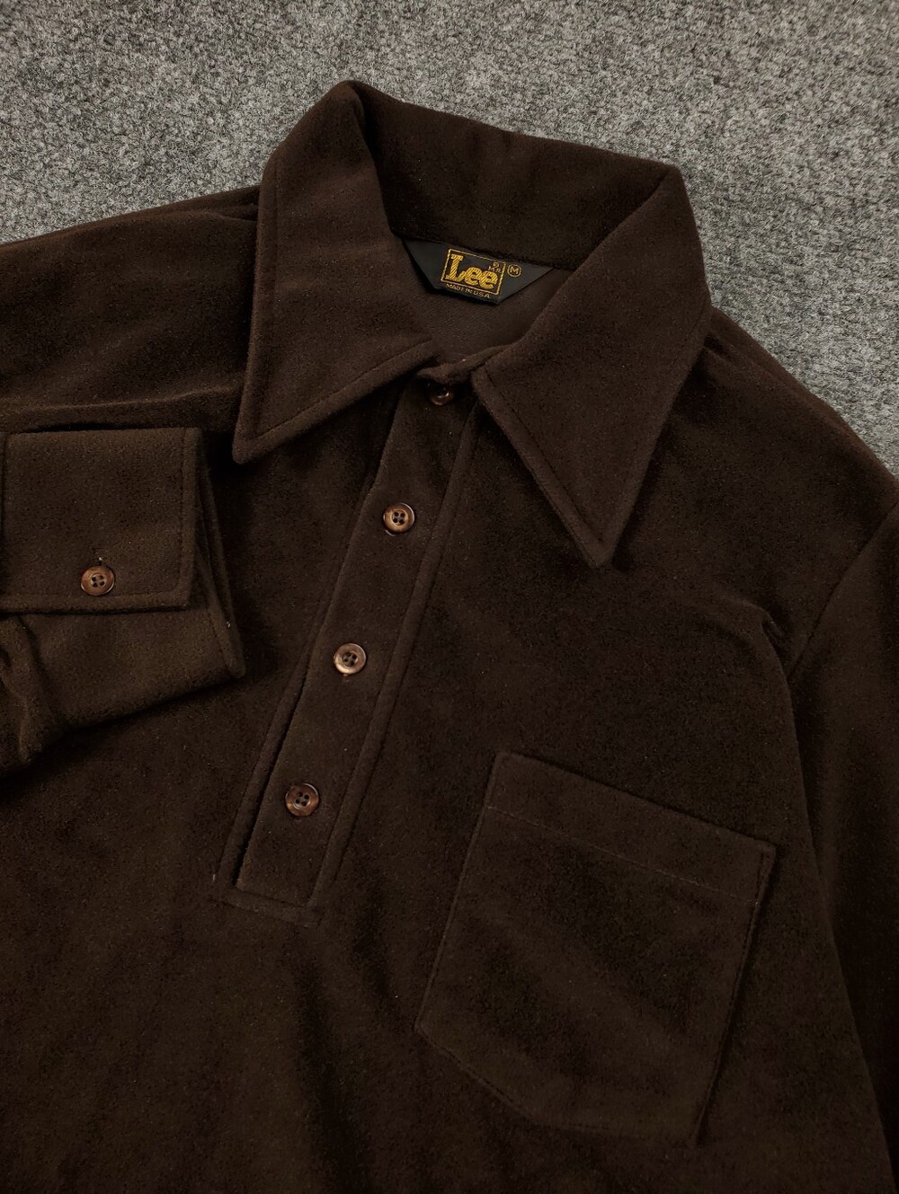 Vintage Lee Popover Shirt Medium Brown Brushed Long Sleeve Chest Pocket 70s